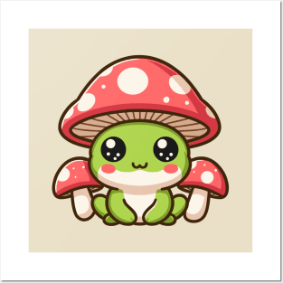 Cute Mushroom Headed Frog With Mushrooms Kawaii Toad Lover Posters and Art